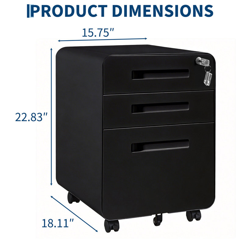 Metal Filing Cabinet with Lock, 3 Drawer Filing Cabinet with Wheels, Mobile Filing Cabinets, Black