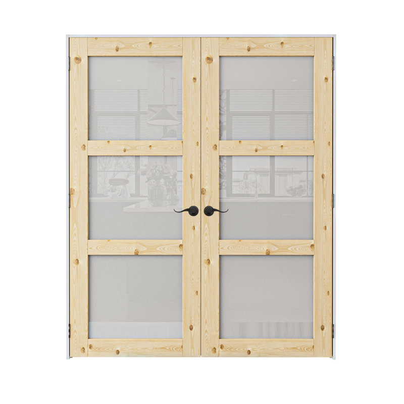 Porte intérieure à 6 panneaux en pin massif naturel de style colonial, double porte-fenêtre française, cadre blanc et quincaillerie en nickel satiné - Poignée de porte avec serrure, loquet et charnières, non finie et à peindre, idéale pour garde-manger, chambre, salle de bain et garde-robe, 162,5 cm x 203,2 cm