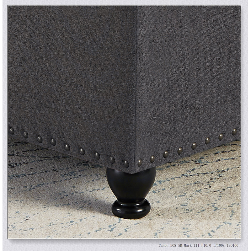 Grand repose-pieds de rangement carré avec pieds en bois, table basse capitonnée à boutons, Gris foncé