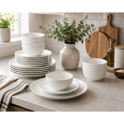 Waterside 18pc Luna White Porcelain Embossed Dinner Set