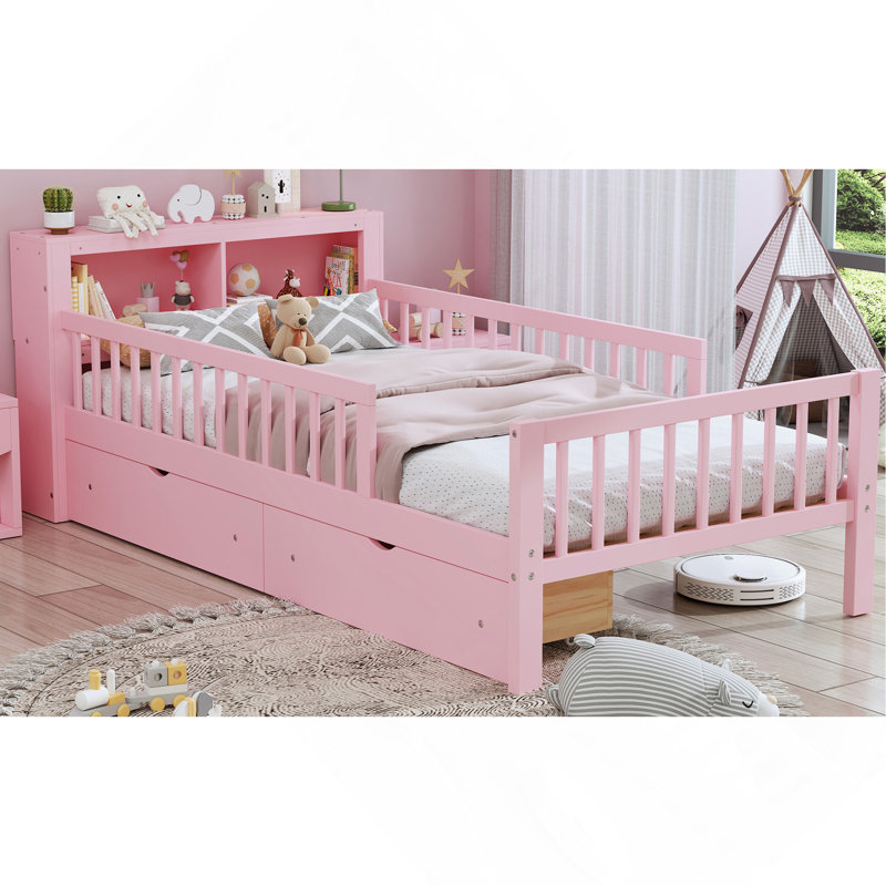 Lit simple avec support de tête de lit, deux tiroirs sous le lit, garde-corps à trois côtés pour la sûreté et la sécurité, rose
