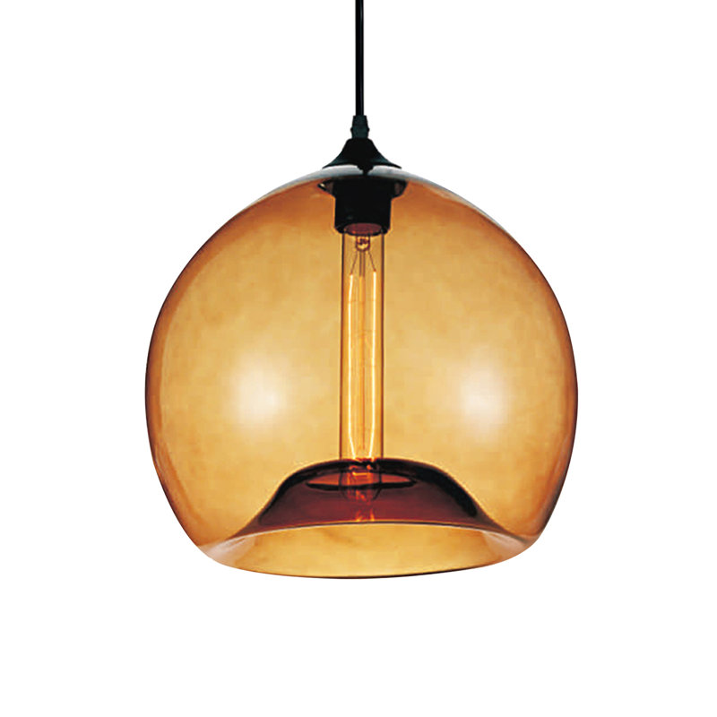 Glass Mini Pendant Light - Single Bulb Hanging Fixture with Minimalist Modern Round Amber Orange Shade, Adjustable Black Cord - Kitchen, Dining Room, Bar Lighting