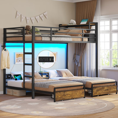 Twin Over Twin Bunk Bed With Storage Drawers And Charging Station, Bed With Led Light,Triple Metal Bunk Bed With Storage Shelves And Box,3 Beds With G by Isabelle & Max