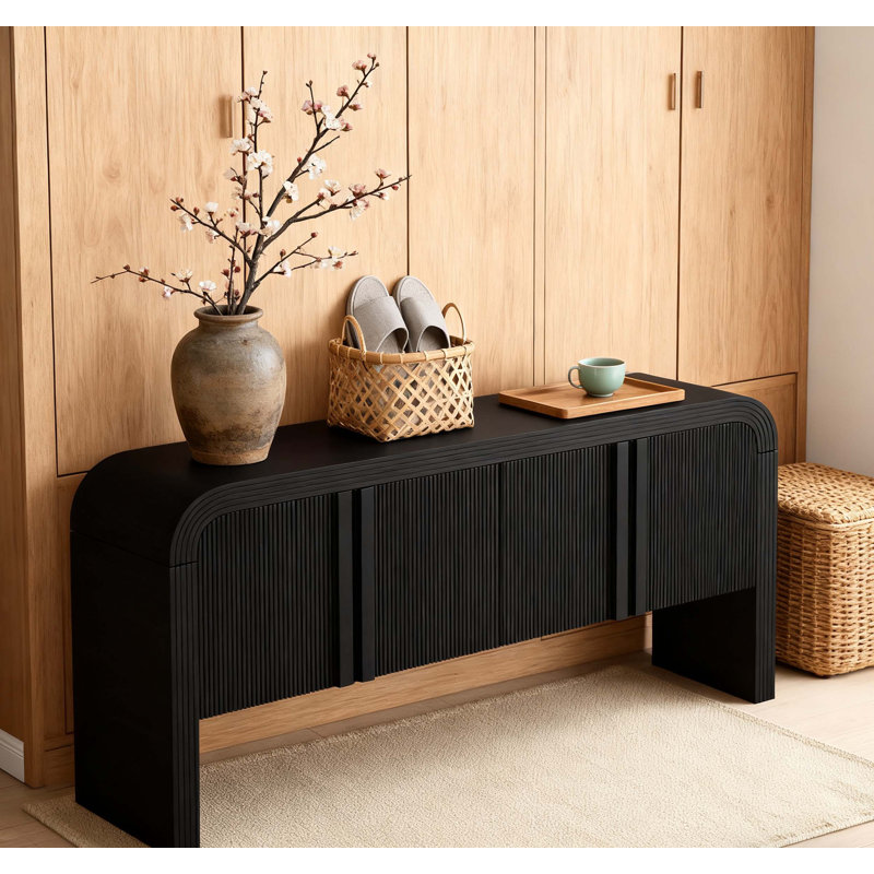 Console 63 pouces à motif de vagues avec 4 portes et tablette réglable, conception courbée pour le salon et l'entrée