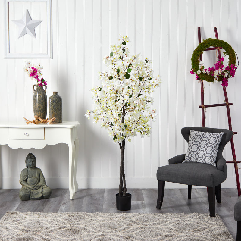 6ft White Bougainvillea Faux Flowering Tree in Iron Planter