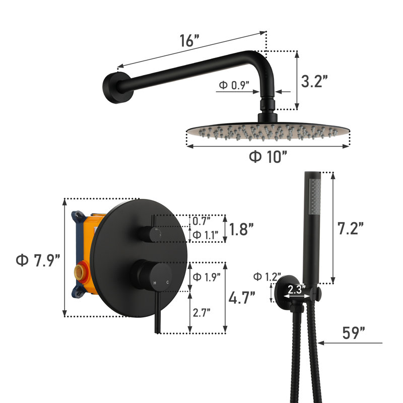Matte Black Wall Mounted Rain Shower System with Handheld