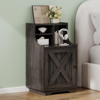 Farmhouse Nightstand, Night Stand with Hutch and Storage, Tall Bedside Table End Table for Bedroom Living Room Sofa Office