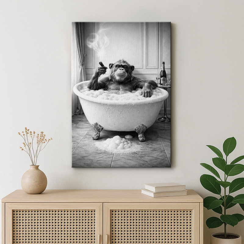 Relaxed Monkey Bathtub Smoking Scene Black and White Artwork, Funny Bathroom Wall Decor Pictures, Framed Canvas Giclee Print Wall Art