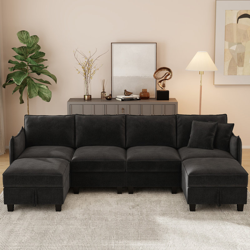 Esai 112" Modern 6 Seat Upholstered Chenille U Shaped Sectional Sofa with Two Storage Ottomans, Black