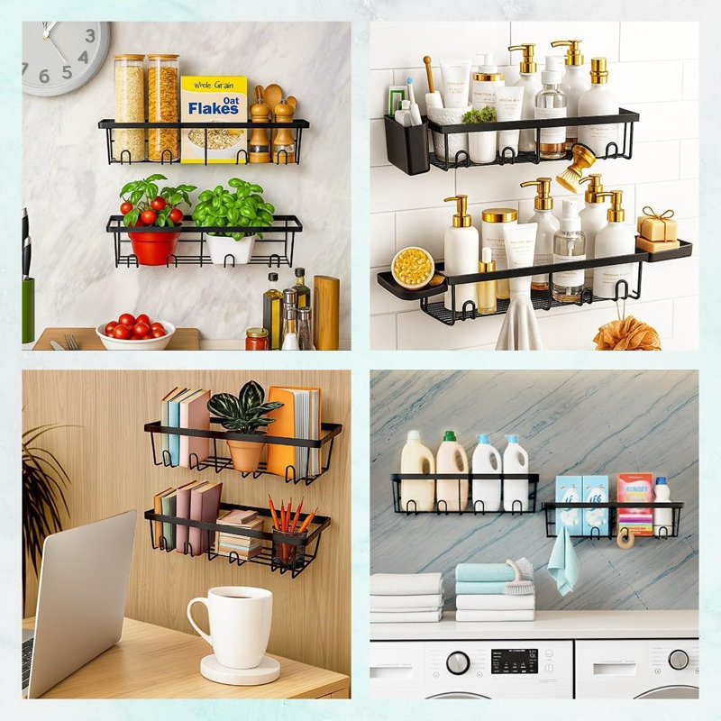  Adhésif pour panier de douche, organisateur antirouille, paquet de 5 tablettes de salle de bain antirouille, sans perceuse de grande capacité, accessoires de rangement de support avec 2 porte-savon, porte-brosse à dents et 8 crochets décoratifs noirs