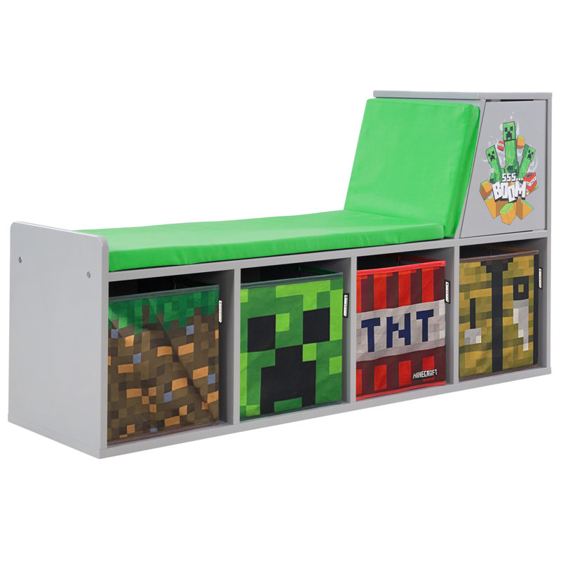 Minecraft: Storage Bench - Wooden Storage w/ Cushioned Reading Shelf, 4 Themed Storage Cubes, Seating & Organization In 1, Game Theme Décor, Licenced