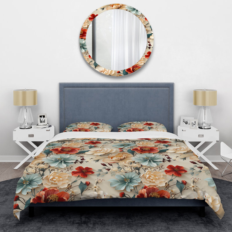 Ensemble de housse de couette éclectique Red And Blue Poppy Mosaic Melody, Housse de couette pour très grand lit et 2 très