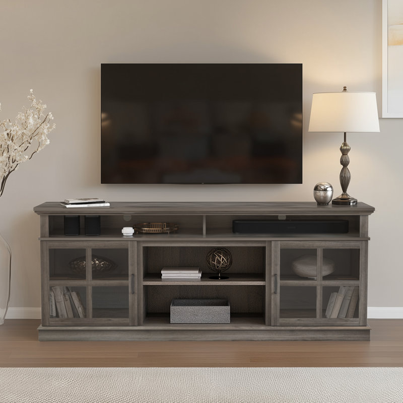 Meuble télé pour téléviseur de 78 po ou moins Arlice, porte vitrée, Gris, Oui