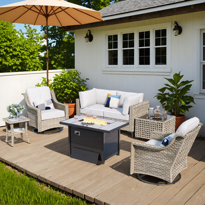7 Piece Patio Sectional Furniture With Swivel Rocking Chairs, Rattan Wicker Coversation Set With Glowing Coffee Table, Outdoor Sofa Set With Fire Pit For Outside Porch Balcony Backyard Pool