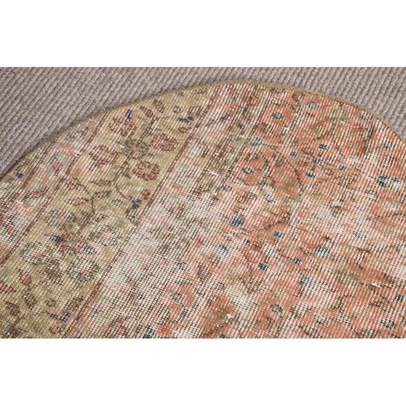 Turkish Vintage Round Rug – Small Orange Entry Mat Housewarming Gift