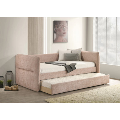Luxueux lit de jour moderne 1 pièce avec lit gigogne escamotable capitonné et garniture cloutée, mobilier de chambre à coucher, finition mauve