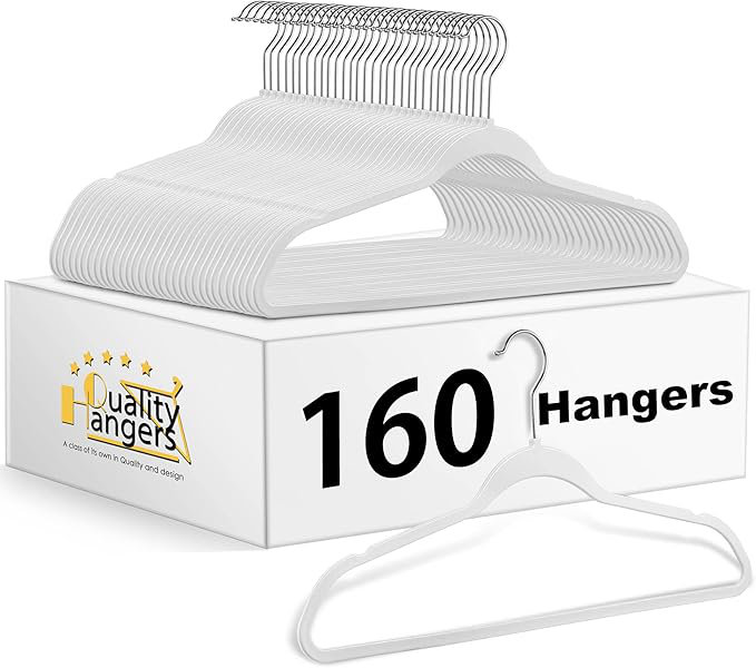 Cintres en plastique de qualité mince avec économiseur d'espace avec crochet chromé pivotant à 360 ° et encoches antidérapantes, paquet de 160