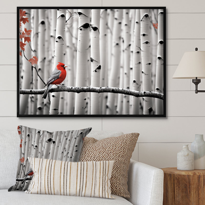 Maricar " Monochrome Red Grey Bird In Forest I ", 16" H x 32" W, Black Picture Framed