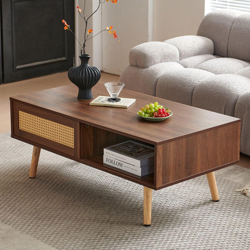 Table basse avec rangement en rotin Alessandria, Noyer