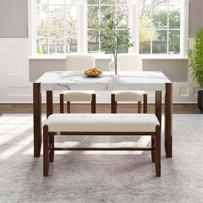 Ensemble de mobilier de salle à manger moderne 4 pièces, coin repas pour 4 personnes pour la cuisine, table de style faux marbre de 46 po et 2 chaises et banc rembourrés avec pieds en bois