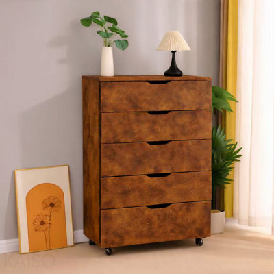 5 Drawer Dresser On Wheels Rustic Brown Rolling Chest Of Drawers Mobile Storage Cabinet For Bedroom Closet, Wide Drawer Organizer, 30.71" W X 15.75" D X 44.49" H
