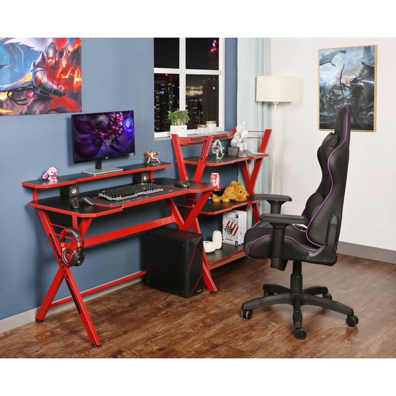 Premium Gaming Desk with Hutch – Sturdy Design & Extra Storage, Red