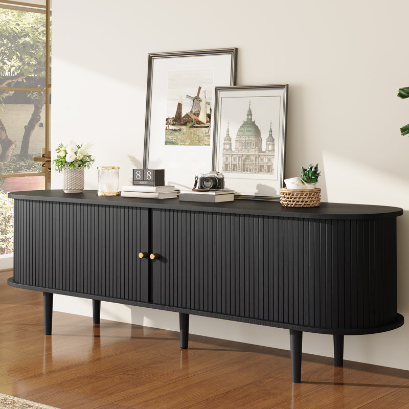 Meuble télé 70 po Mid-Century avec pieds en bois massif et noir, Noir, noir, noir, noir