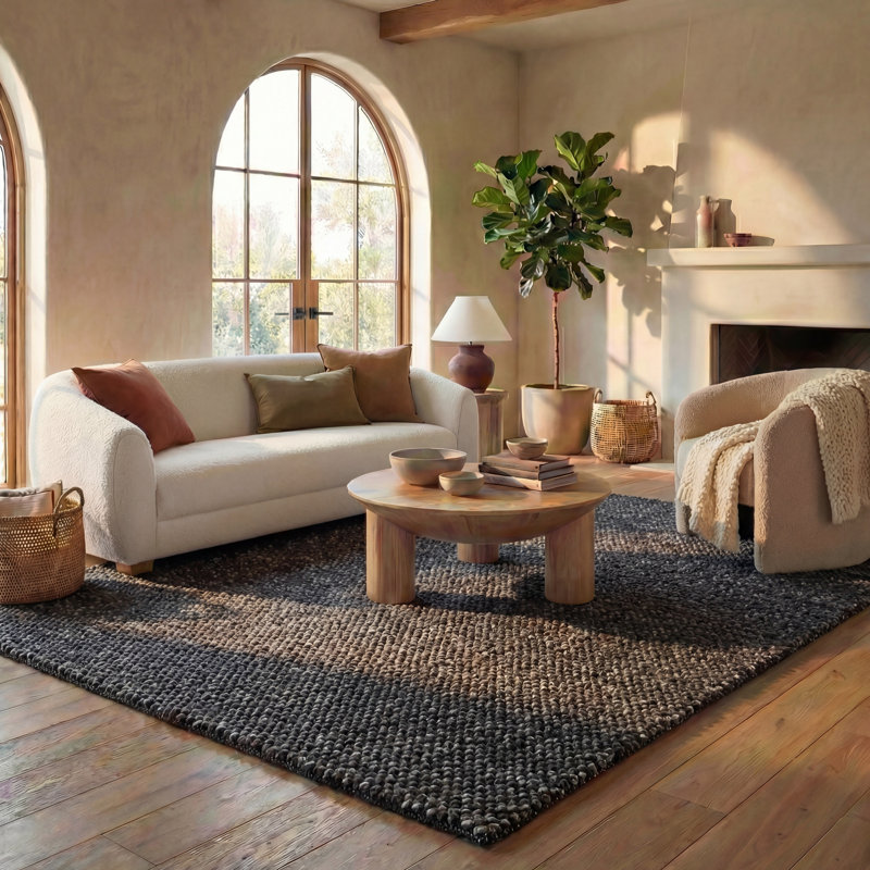 Tapis noir / gris en laine / coton / polyester tissé à la main Natura 425, Rectangle 8 pi x 10 pi