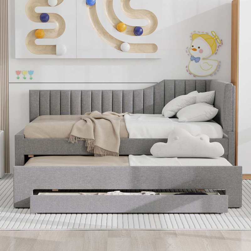Upholstered Daybed with Trundle and Three Drawers, Full/Double, Gray
