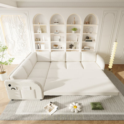 Canapé-lit en forme de L avec lit escamotable, canapé-lit convertible surdimensionné avec poche latérale et port USB, molleton Sherpa revêtu de convertible faisant face à la gauche ou à la droite