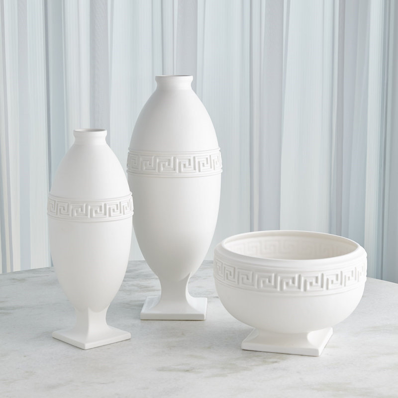 Greek Key Handmade Ceramic Table Vase, 18.5" H x 7.5" W x 7.5" D, Black