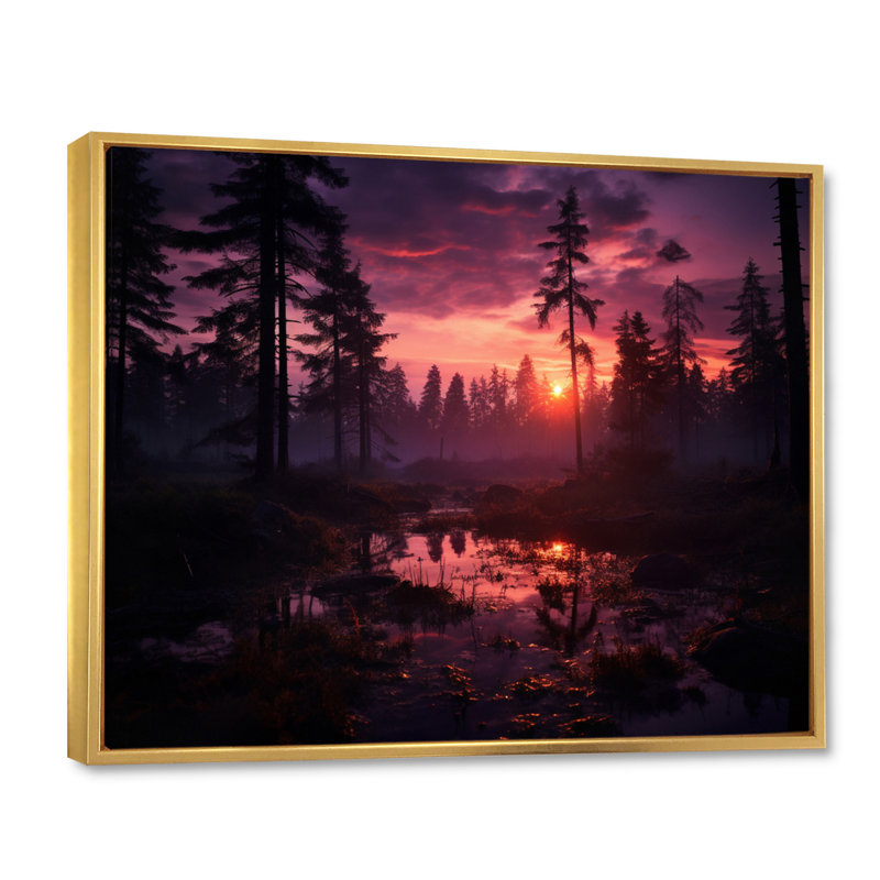 «Sunset Forest Whispers - Sunset», reproduction d'art, Cadre flottant doré, H 24 po x l 32 po x P 1 po