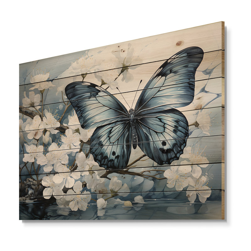 Impression de papillon bleu et blanc sur bois, H 24 po x l 32 po x P 0,78 po