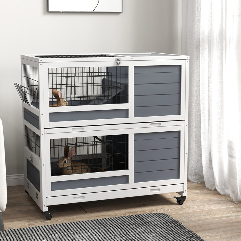 Lapin gris en bois 2 avec portes amovibles - roues de cage intérieure, auge, plateaux, rampes pour 1 à 2 lapins, roues flexibles, lapins 35,5 po, couche supérieure incorporable