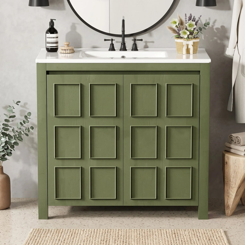 Meuble-lavabo en bois massif rétro avec plateau en céramique blanche, Vert olive