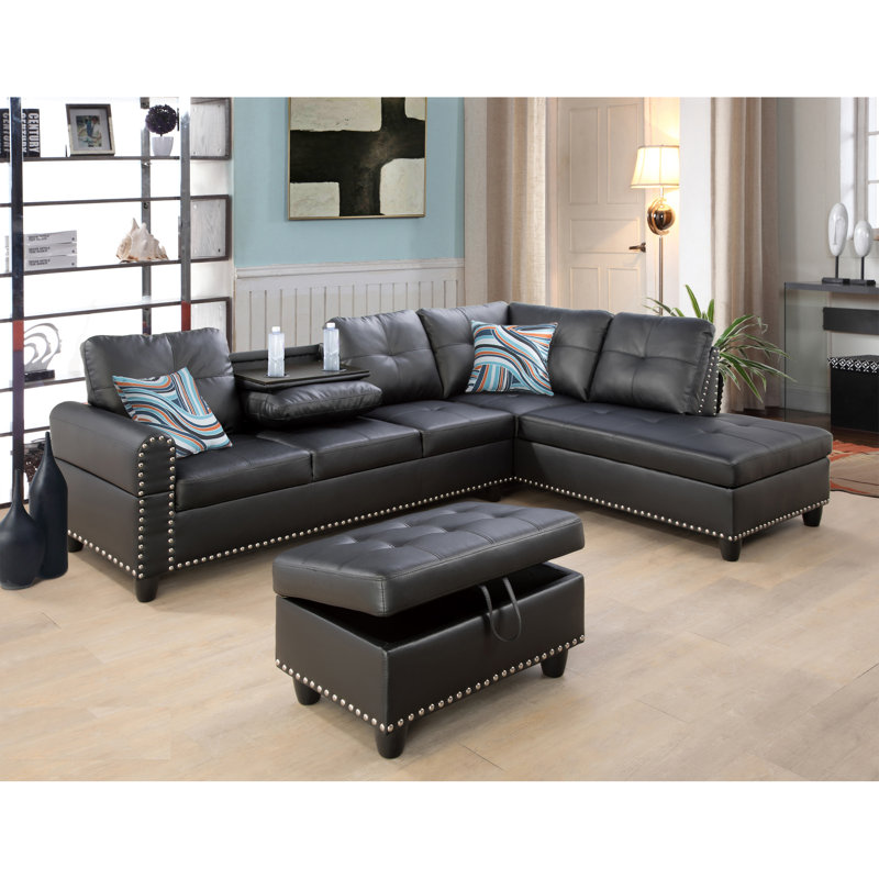 Black Faux Leather 3-Piece Sectional Sofa Set with Storage Ottoman, Black Faux Leather, Right Hand Facing