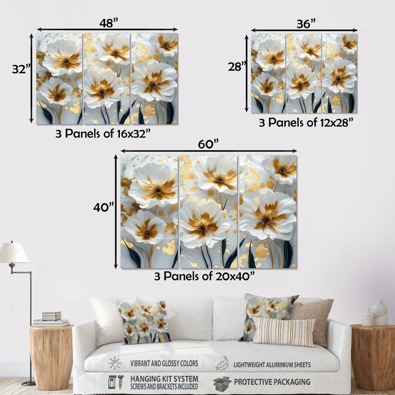 Ensemble de décorations murales en or blanc et bleu clair Meadow Charm IV, Métal métal, H 32 po x l 48 po x P 1 po