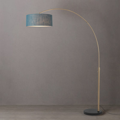 Float 92" Arc Lamp - Weathered Brass, Black Marble Base,  Pool Blue Linen Drum Shade, Dimmable, Bulb Included