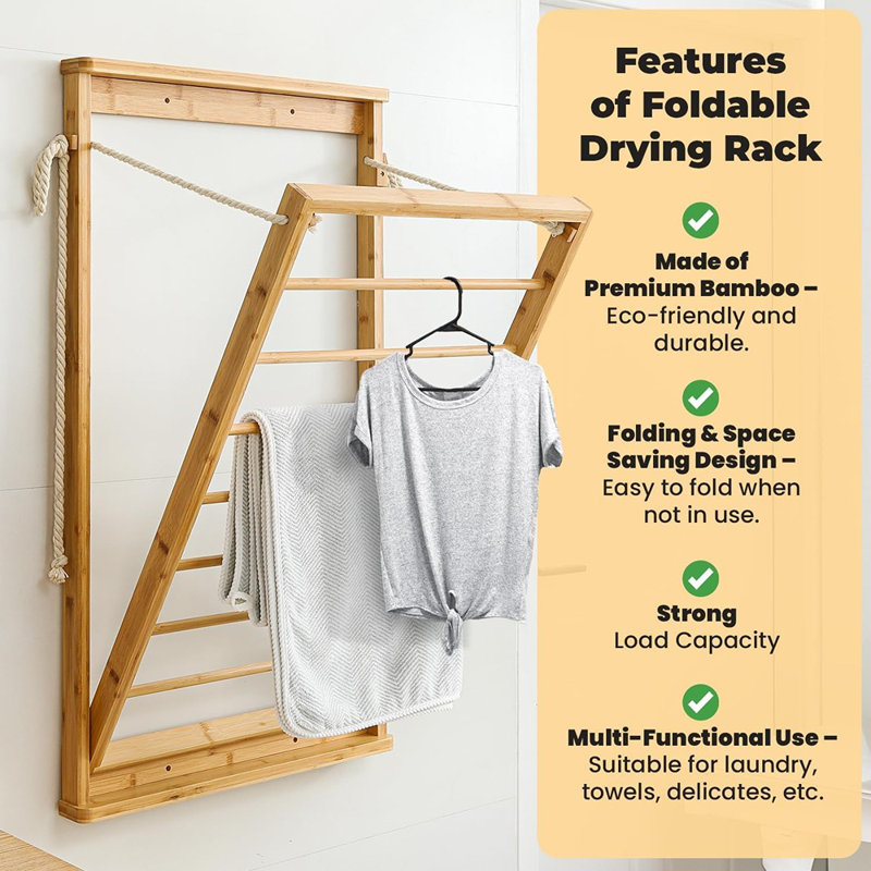 Foldable Bamboo Wall-Mounted Clothes Drying Rack, Space-Saving Drop-Down Laundry Airer For Home, Laundry Room & Bathroom
