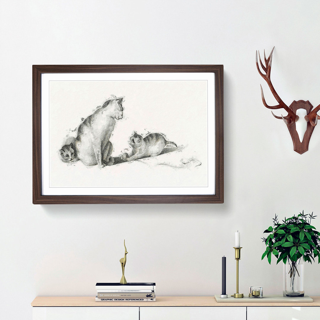 Cat Playing with Kittens by Gottfried Mind - Picture Frame Drawing Print