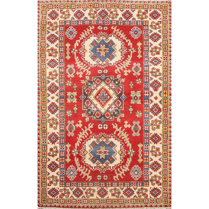 Tapis rouge en laine noué à la main de conception unique 3 pi 5 po x 5 pi
