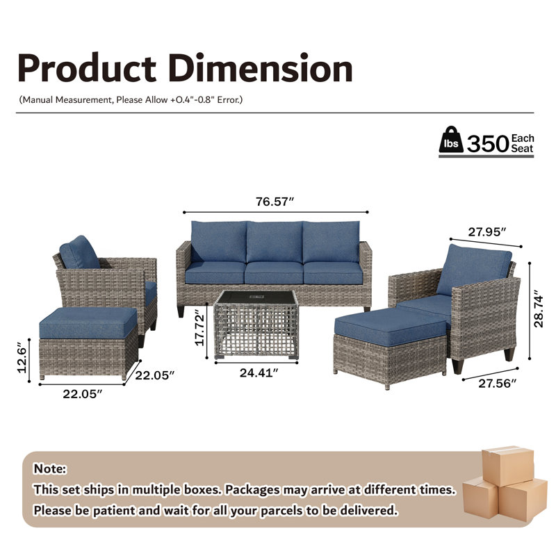 Ensemble de conversation en rotin avec coussins et table basse Harbin, No, 7, Bleu denim