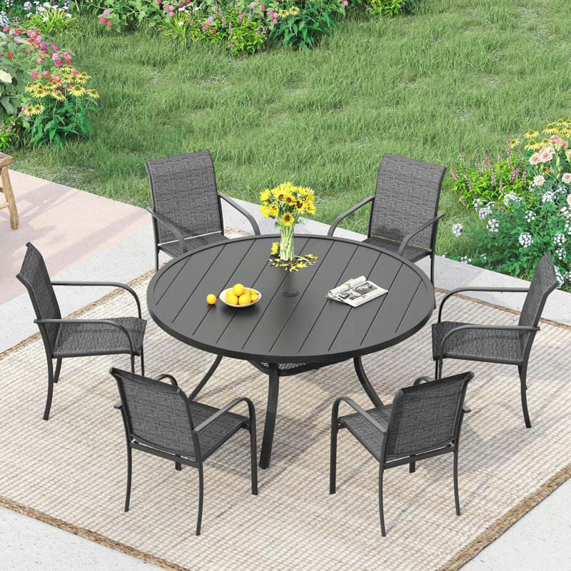 6-Person Patio dining set with Round Dining Table and 6 Stackable Armrest Chairs, Gray/Black