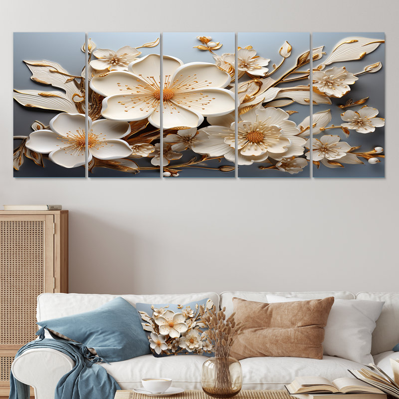 Orchidée blanche jardin de branches V - abstrait floral, art mural 5 pièces, H 28 po x l 60 po