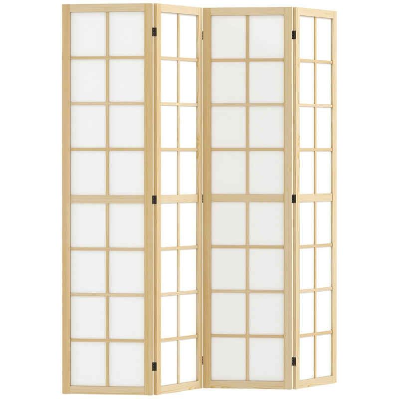 4-Panel Folding Room Divider, 160 x 170cm Natural Wood Frame, Grid Fabric Privacy Screen for Living Room