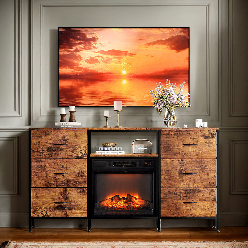 Farmhouse 58'' TV Stand For Tvs Up To 70'' With Electric Fireplace And 6-Drawer, Brown/Black