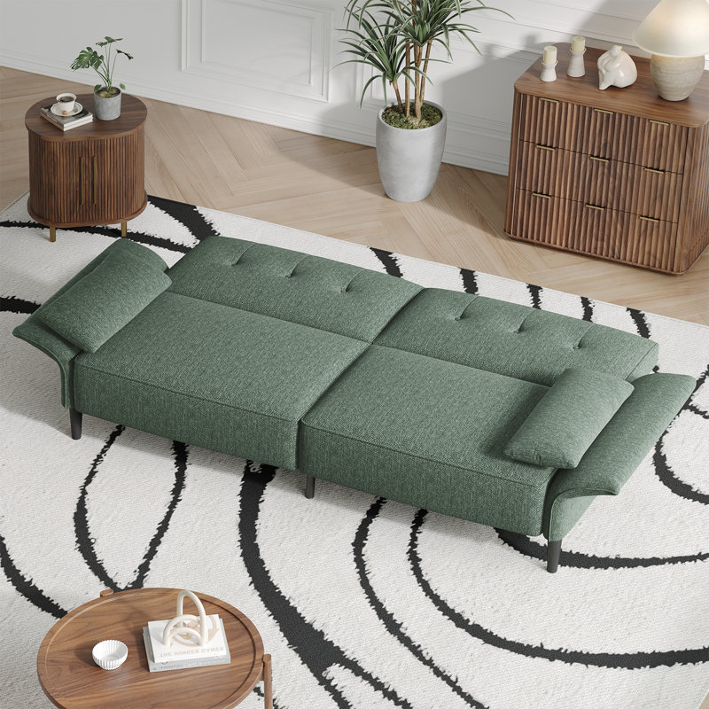 89" Linen Convertible Sofa Couch, Futon Sofa Bed with 2 Square Pillows, Adjustable Backrest & Armrests for Living Room