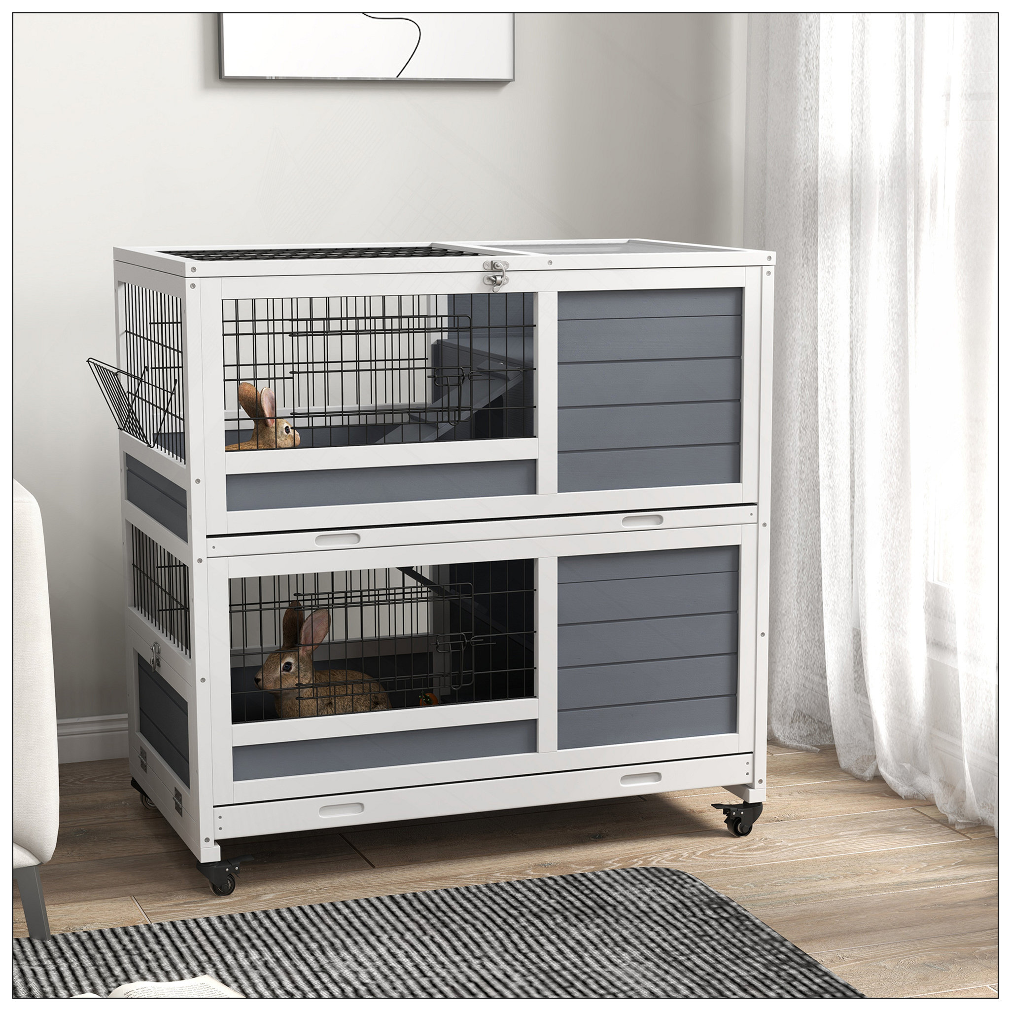 REDmintss Indoor Rabbit Hutch With Wheels, 2-Tier Cage, Spacious And ...