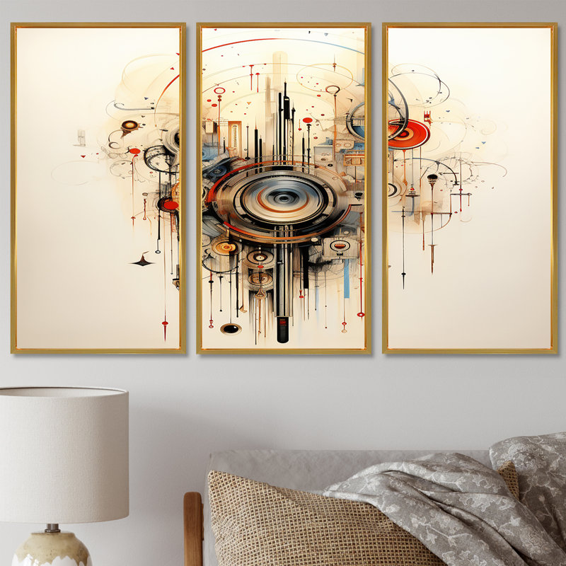 «Music Waves Retro Abstract Composition II», ensemble de reproductions d'art mural, Cadre flottant doré