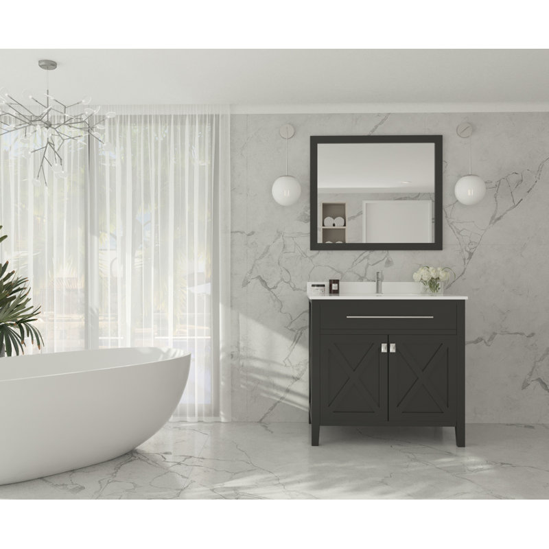 Pyles 36'' Single Bathroom Vanity with Solid Surface Top, Espresso, White Quartz